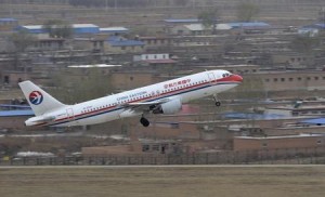 A China Eastern Airlines plane takes off at an airport in Taiyuan