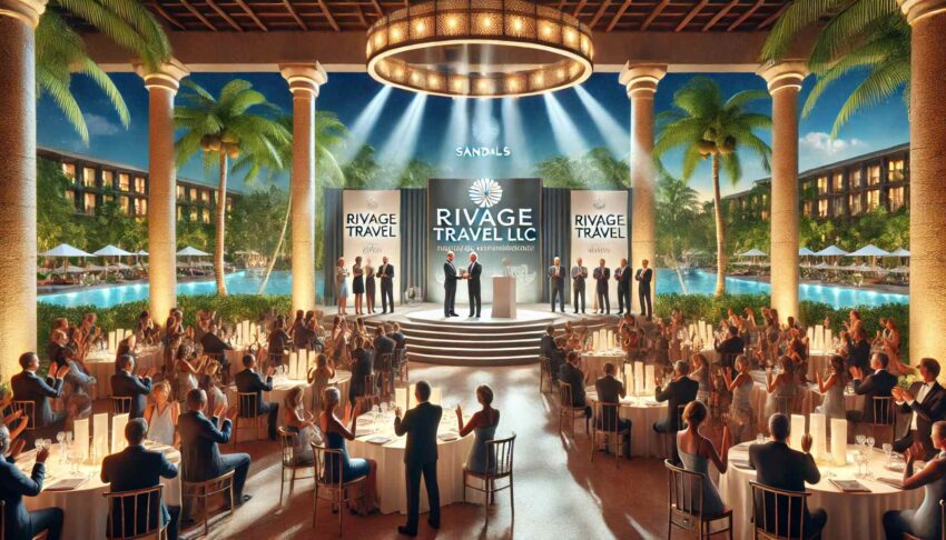 Dalle 2024-07-17 191804 - an elegant award ceremony set in a tropical resort the scene features a beautifully decorated stage with banners and awards palm trees in the backgr - travel and tour world Rivage travel llc