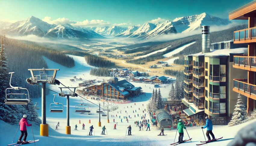 Dalle 2025-01-16 192810 - a scenic view of a popular ski resort with skiers on the slopes showcasing a vibrant mountain setting in north america the image should highlight a - travel and tour world