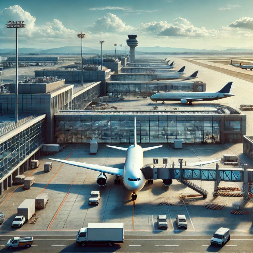 Dalle 2025-05-26 013930 - a realistic airport scene in a landscape format with an aspect ratio of 4_3 the image shows a wide view of an airport runway with airplanes parked an - travel and tour world