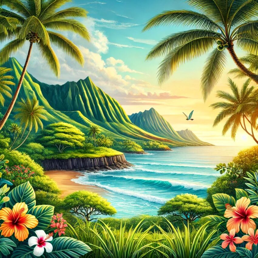 Dalle 2025-05-27 002548 - a scenic landscape image of hawaii featuring lush green mountains tropical palm trees a clear blue ocean with gentle waves and a vibrant sunset sky - travel and tour world