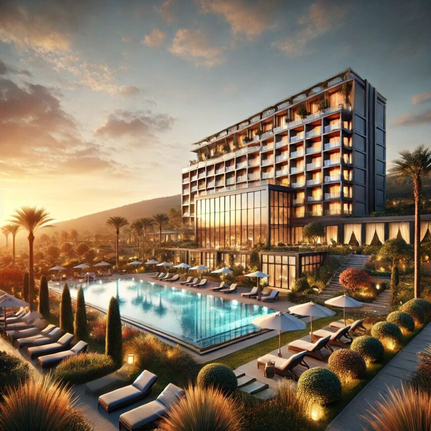 Dalle 2025-05-29 003514 - a luxurious 5-star hotel set in a stunning landscape during sunset the hotel is modern and elegant with large glass windows reflecting the warm color - travel and tour world