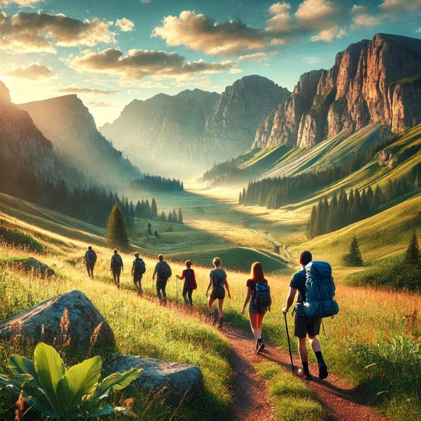 Dalle 2025-05-29 014250 - a beautiful landscape featuring travelers walking along a scenic trail the setting is a lush green valley surrounded by majestic mountains under a c - travel and tour world