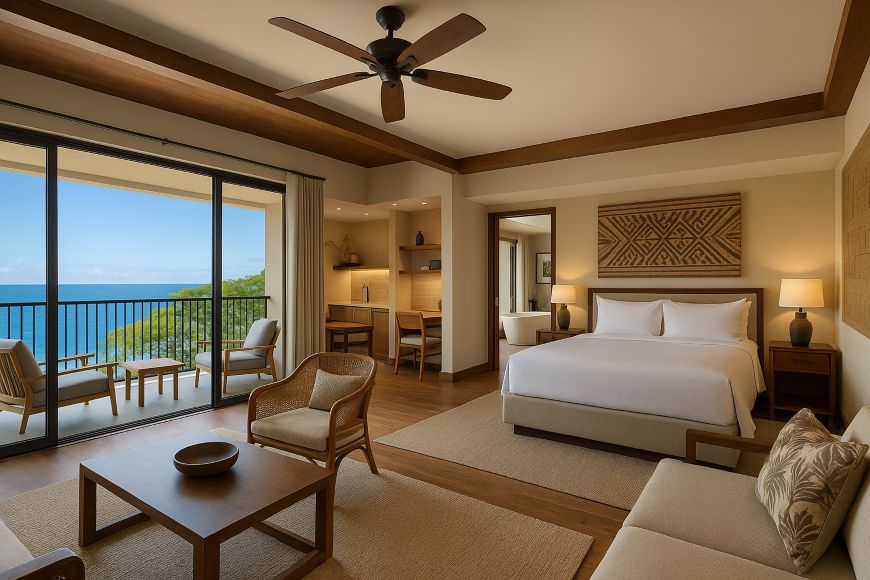 El estabilizador Kona Resort & Spa alabarda la suite Royal Huakai en honor a la herencia hawaiana y ofrece un elevado abundancia frente al mar, esta es la nueva aggiornamento que necesita conocer