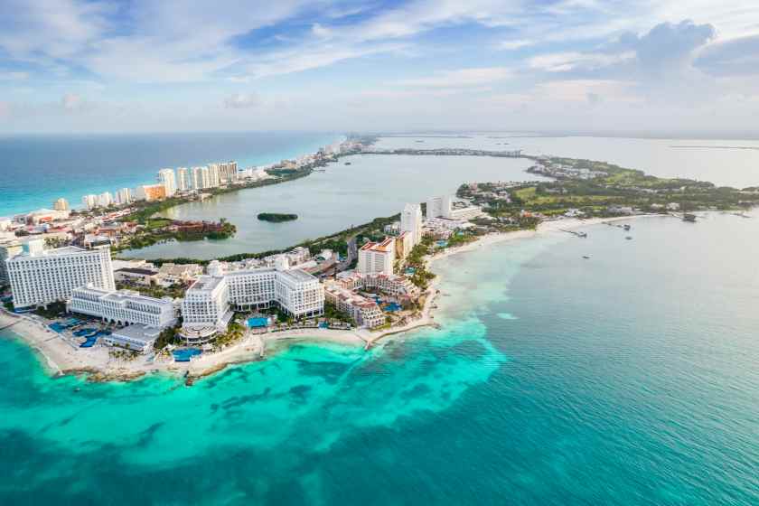 Aerial-panoramic-view-cancun-beach-city-hotel-zone-mexico-caribbean-coast-landscape - travel and tour world