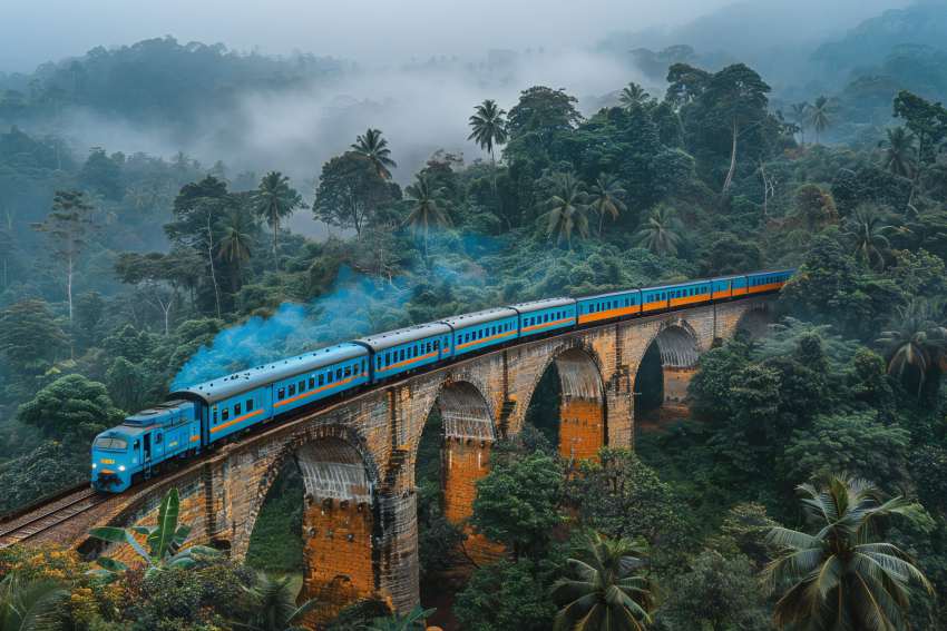 Aerial-view-blue-train-thin-arched-stone-bridge-sri-lanka-misty-morning-showcasing-vi - travel and tour world