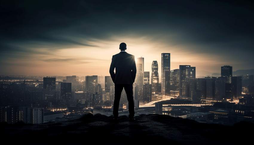 City-businessman-standing-skyscraper-back-lit-silhouette-generated-by-ai - travel and tour world