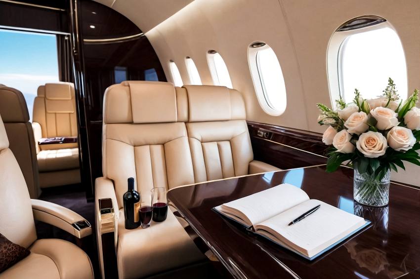 Comfort-vip-business-salon-private-jet-with-flowers-diary-wine-glass-glasses-table-luxury-decor-o - travel and tour world