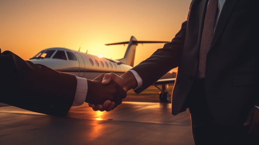 Executives-seal-aviation-partnership-with-handshake-front-luxurious-private-jet - travel and tour world