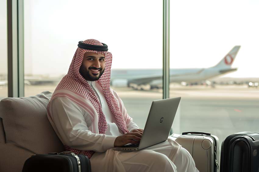 Smiling-man-traditional-middle-eastern-clothing-sits-airport-terminal-using-laptop-waiting-his-flight - travel and tour world