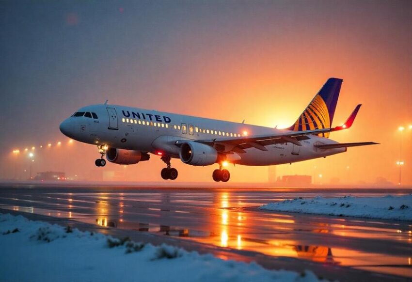 United Airlines plane at Newark Airport with Greenland map overlay