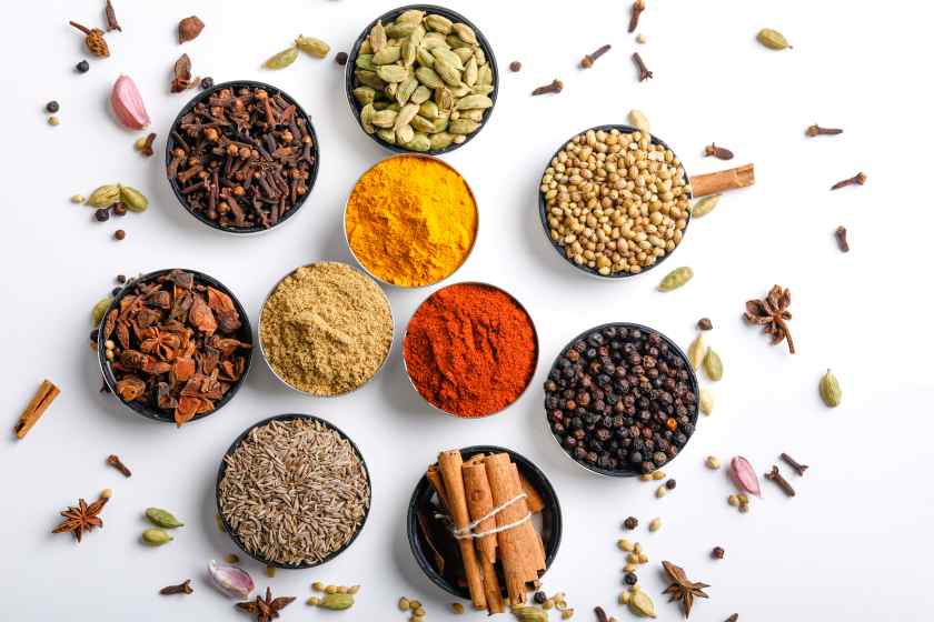 Various-spices-bowls-white-top-view-with-copy-space - travel and tour world