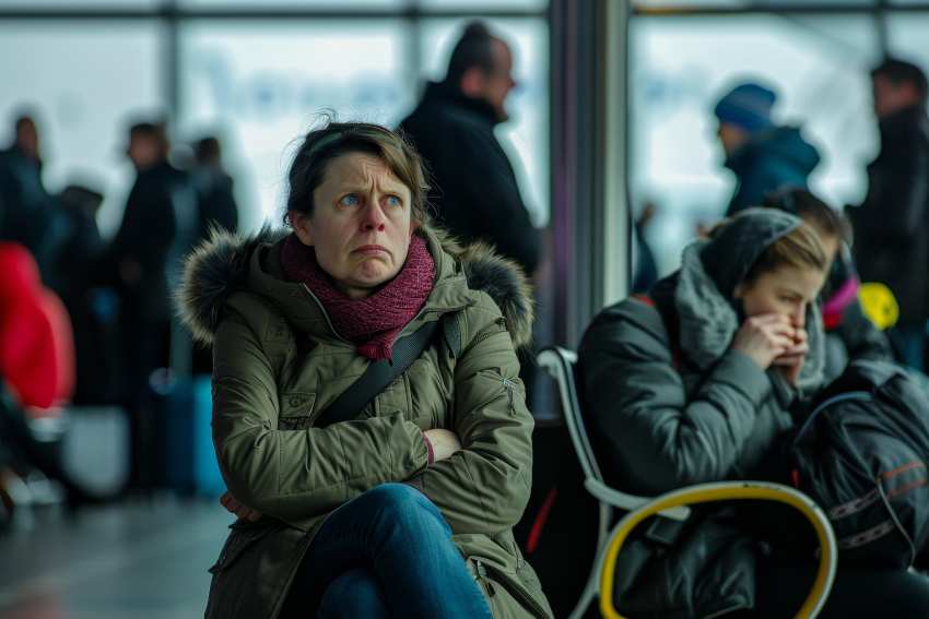 Woman-sits-with-crossed-arms-looking-frustrated-while-waiting-busy-airport-terminal-filled-with-travelers-cold-winter-day - travel and tour world