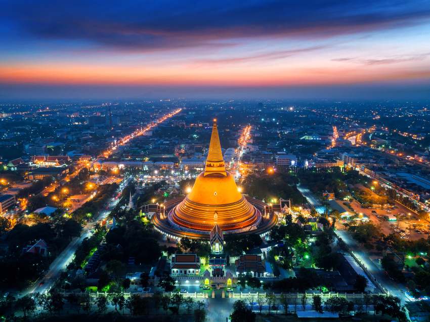 Aerial-view-beautiful-gloden-pagoda-sunset-phra-pathom-chedi-temple-nakhon-pathom-province-thailand - travel and tour world