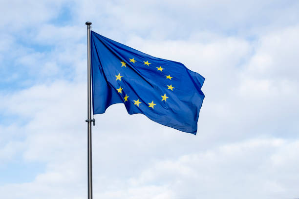 Panoramic position of a waving eu emblem aliases continent national emblem against bluish entity - recreation and circuit world EU
security