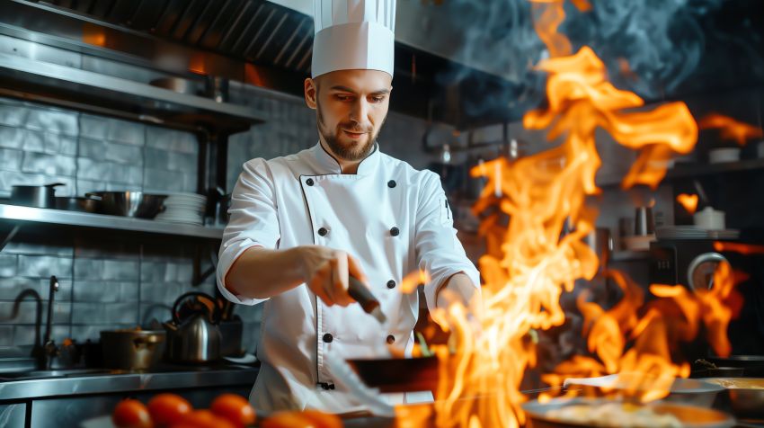 Professional-chef-flambeing-food-dark-restaurant-kitchen-dramatic-flames-focused-expression-culinary-arts-display - travel and tour world