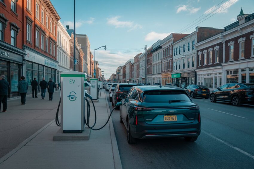 Canada - travel and tour world A busy new brunswick street with a newly installed ev charger station and electric vehicles charging, showcasing canada’s ev infrastructure boom.
