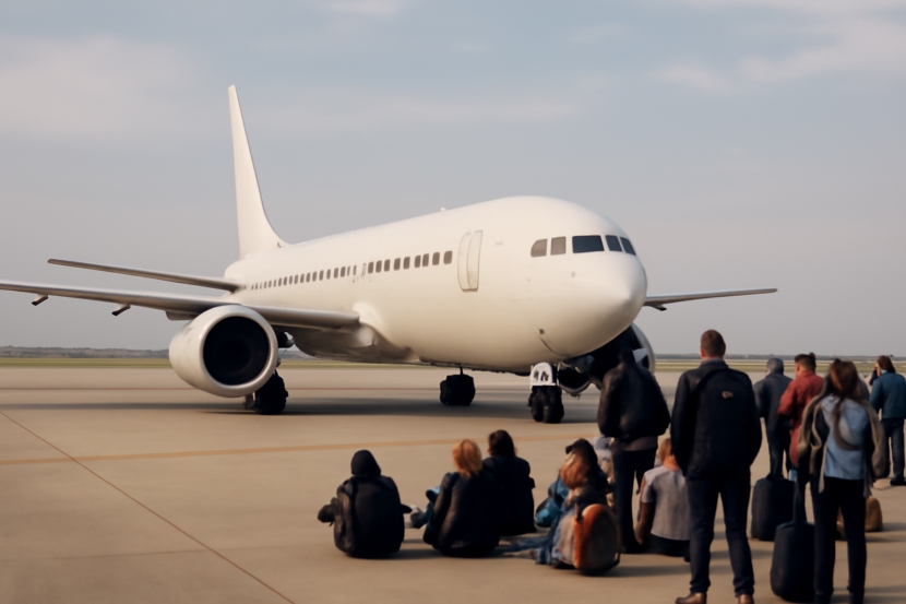 Passengers waiting infront of an aeroplane