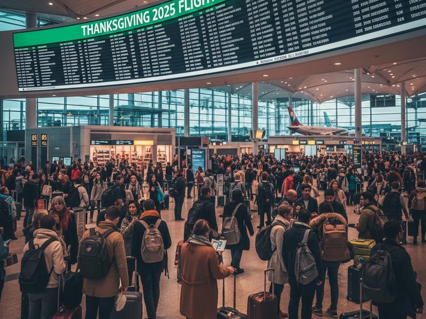 A bustling international airport terminal with travellers checking their flights for thanksgiving 2025, showcasing the global travel rush