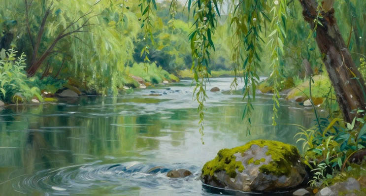 A tranquil river scene showing pristine water with surrounding lush greenery, representing the protection of freshwater ecosystems.