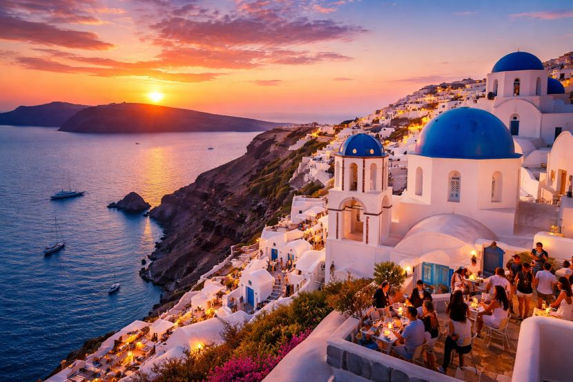 Vista aérea de Santorini, Grecia, mostrando la alta densidad de turistas y hoteles.
