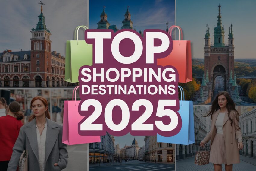 Poland - travel and tour world A collage of shopping destinations featuring iconic landmarks from poland, spain, and canada, with clothing and fashion items layered over the background. Include the text 'top shopping destinations 2025' with vibrant colors and shopping bags. "