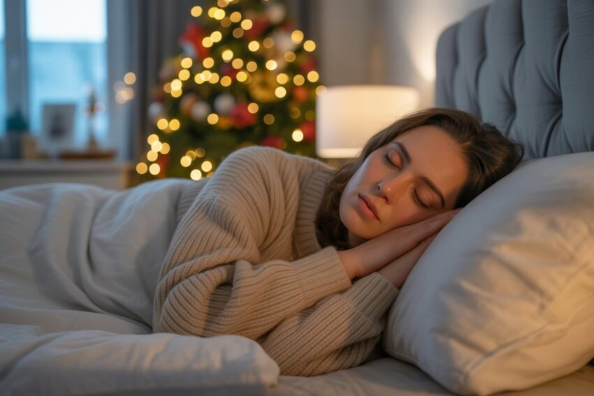 A person in recovery peacefully napping during the evening, with a calm, cozy bedroom setting and holiday decorations in the background, illustrating the effectiveness of the sleep hack to avoid cravings during high-risk moments.