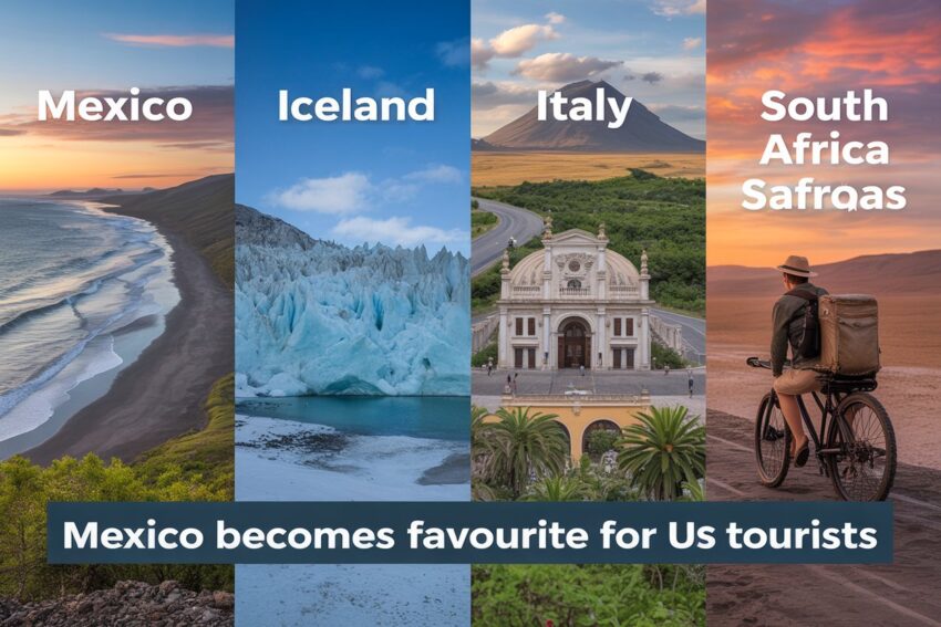 "a stunning collage featuring mexico’s beaches, iceland’s glaciers, italy’s historical sites, and south africa’s safaris, with vibrant colours, landscapes, and tourists experiencing the culture and adventure. The image should blend these diverse destinations seamlessly, evoking a sense of global exploration and wanderlust. " ratio: 3:2. On the image a banner write up "mexico becomes favourite for us tourists"