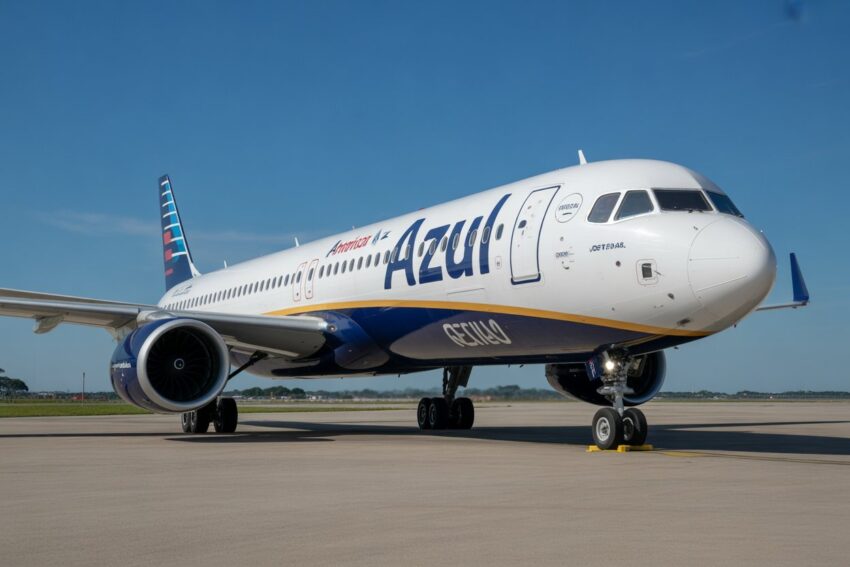 Azul airline aircraft taxiing at busy international airport.