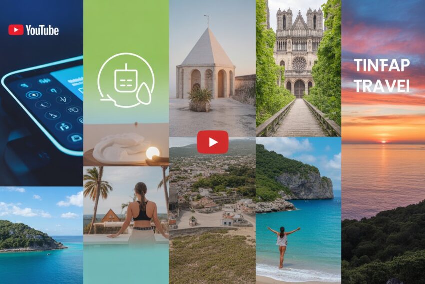 Create a collage overlay featuring an ai-powered app screen, peaceful wellness retreat, hidden destination in reims, france, and a sunset over the caribbean. Use bright, dynamic colours and a 3:2 ratio for youtube to grab attention. Add subtle elements like eco-friendly travel icons and tiktok-style influencers in the background to reflect modern trends in 2025 travel.