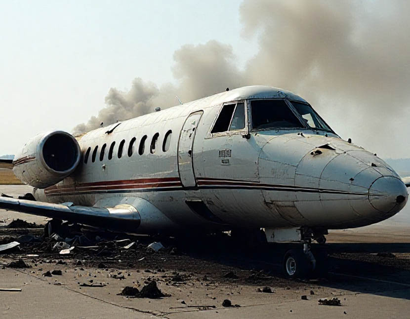 A tragic scene at statesville regional airport, showing emergency responders on site near the wreckage of a cessna 550 citation, with smoke and debris scattered around the crash site.