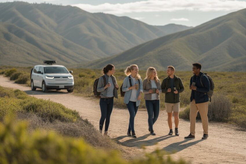 "A group of eco-tourists exploring a California national park, with clean energy-powered vehicles and sustainable tourism practices visible in the background. The image highlights how investment in eco-tourism is reshaping California’s tourism sector."