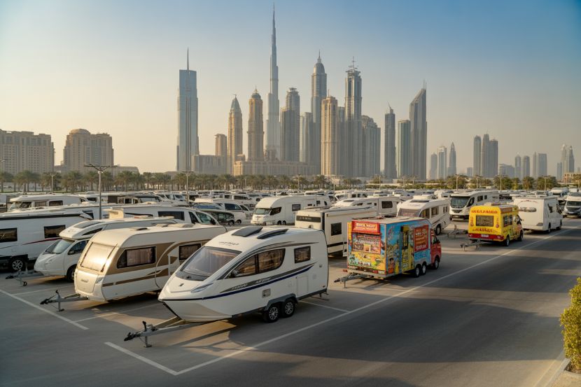 Aerial view of Al Ruwayyah Yard showing multiple caravans, trailers, and food trucks parked in organized lanes.