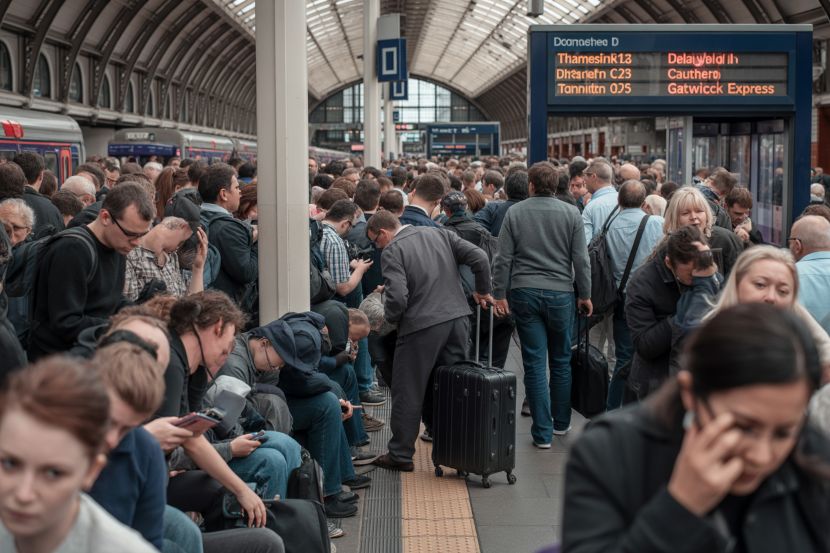 "An image showing a crowded train station in London during rush hour, with frustrated commuters and travelers waiting for delayed or cancelled trains. The scene should include railway platform screens displaying 'delayed' and 'cancelled' signs for Thameslink, Southern, and Gatwick Express. People are checking their phones, looking at the boards, and some are standing around with luggage, illustrating a chaotic travel scenario. The atmosphere should feel tense and urgent, with some commuters appearing stressed, and the station should reflect the bustling nature of a busy London transport hub."