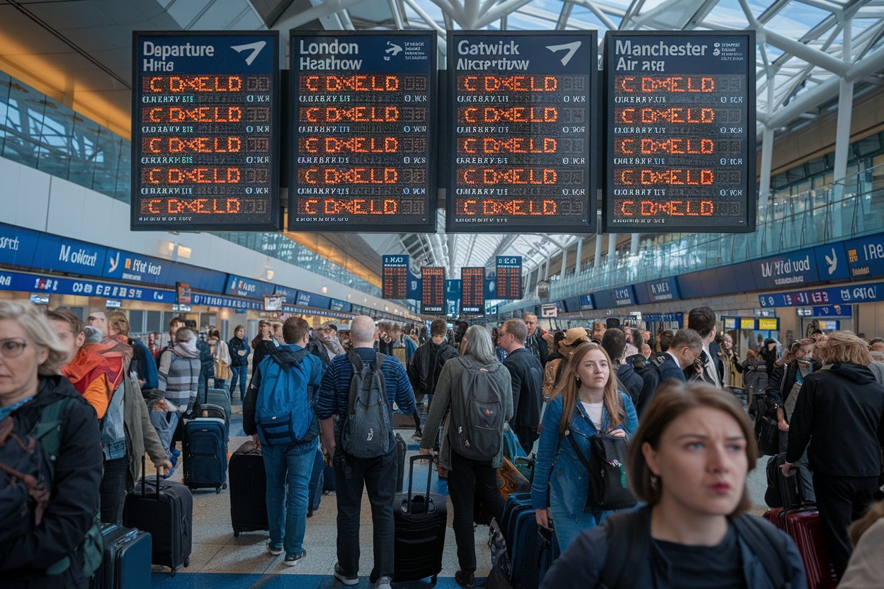 Thousands of Travelers Abandoned at London Heathrow, Gatwick, and Manchester Airports, United Kingdom, as 245 Flights Are Delayed and 115 Canceled, Disrupting British Airways, easyJet, and More Across Routes to New York, Paris, and Dubai.