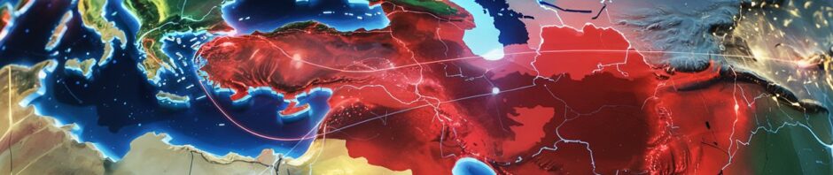 Ultra-realistic 8k cinematic composite image combining: massive gulf international airport terminal with red “cancelled” boards, grounded widebody aircraft lined across runway, digital world map overlay showing middle east airspace in glowing red, commercial jet banking sharply in sky above, dramatic crimson and electric blue lighting contrast, high-impact newsroom atmosphere, sharp reflections, bold saturated colors, volumetric lighting, hyper-detailed textures, dynamic motion blur elements, powerful aviation crisis storytelling visual, magazine cover quality, ultra-sharp focus, immersive depth, intense global disruption mood.