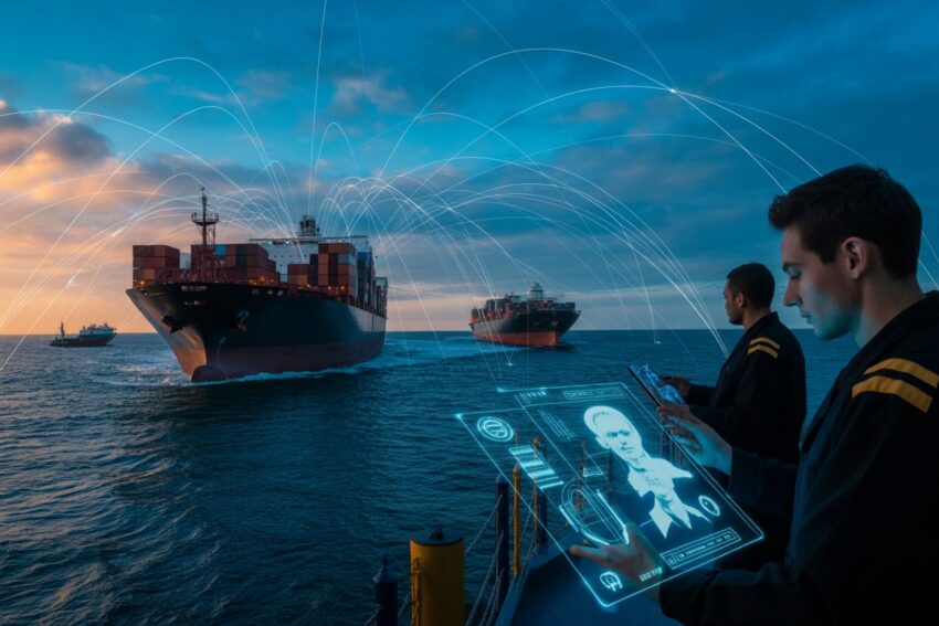 A dynamic composite showing a global maritime scene with cargo ships, digital identity holograms, seafarers using mobile devices, interconnected global data lines across oceans, futuristic, ultra-realistic, bold and vibrant composition