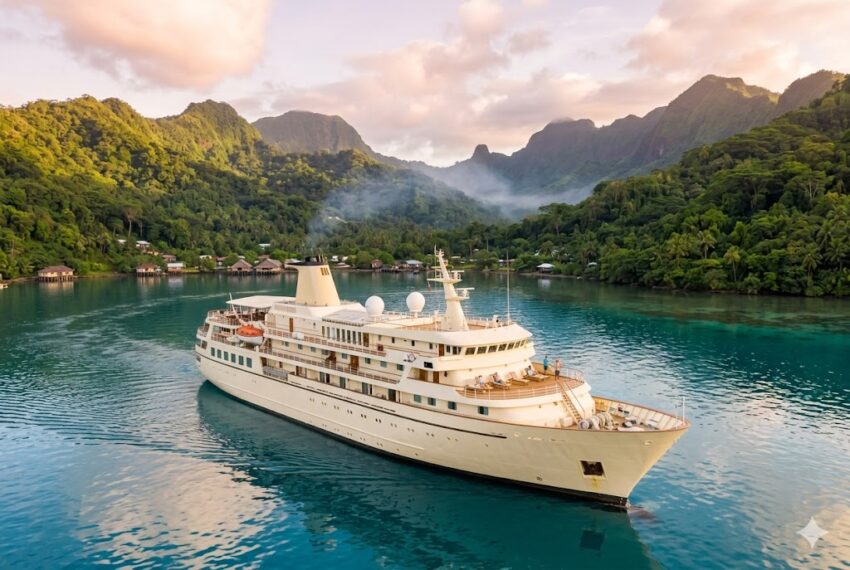 Luxury cruise ship sailing through lush green mountains and clear waters.