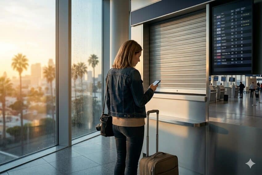 Norse atlantic airways flight cancellation at gatwick - travel and tour world Woman waiting at airport with luggage during flight delay at gatwick.