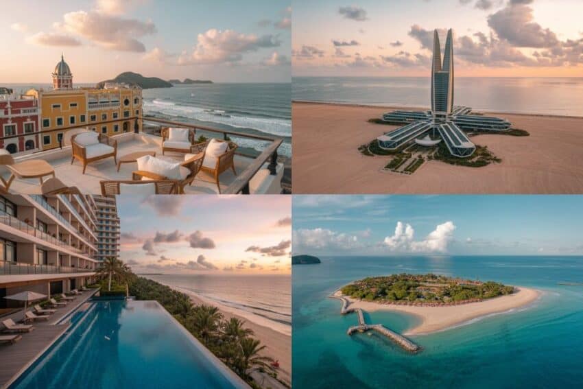 Luxury beach resorts and iconic landmarks in top travel destinations.