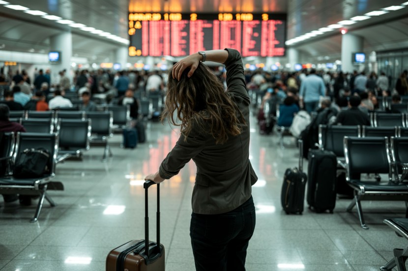 Passengers at an airport facing flight cancellations and delays in europe.