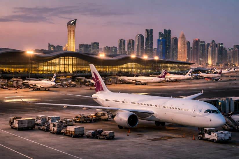 Qatar airways aircraft at doha airport - travel and tour world Qatar airways plane at doha airport with city skyline in background.
