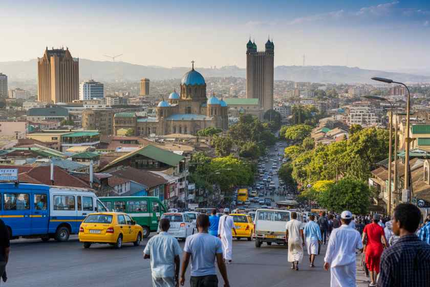 Ethiopian city scene showing busy streets, cars, and prominent buildings, highli.