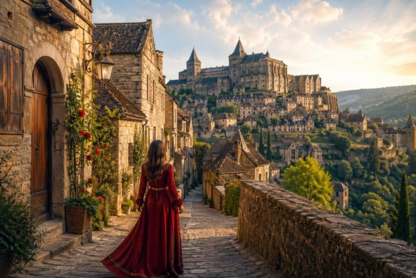 Enchanting medieval cityscape with historic streets and a castle in the backgrou.