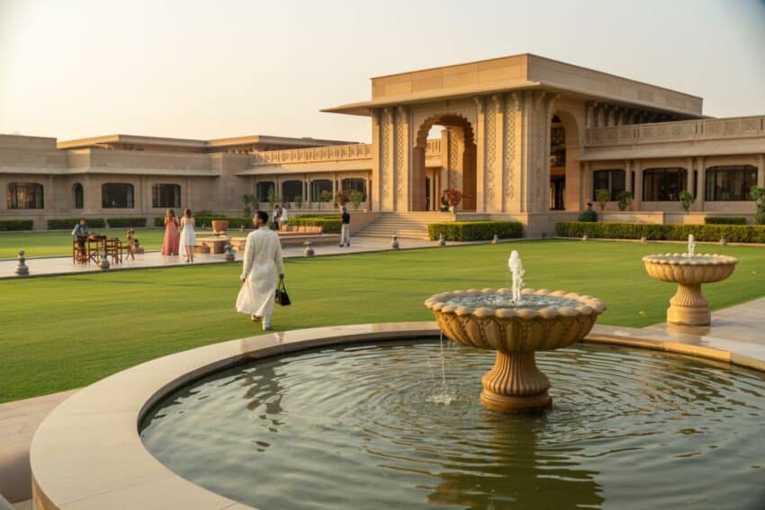 Gateway kandla in gandhidham with lush gardens and fountains for visitors.