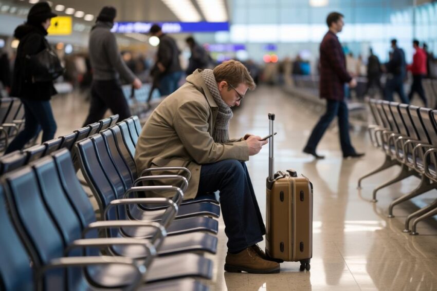 Passenger waiting at airport due to flight cancellations and delays in iceland.