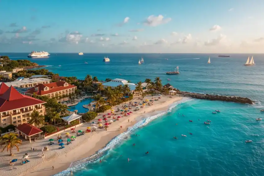 Beautiful jamaican beach with resorts and cruise ships.