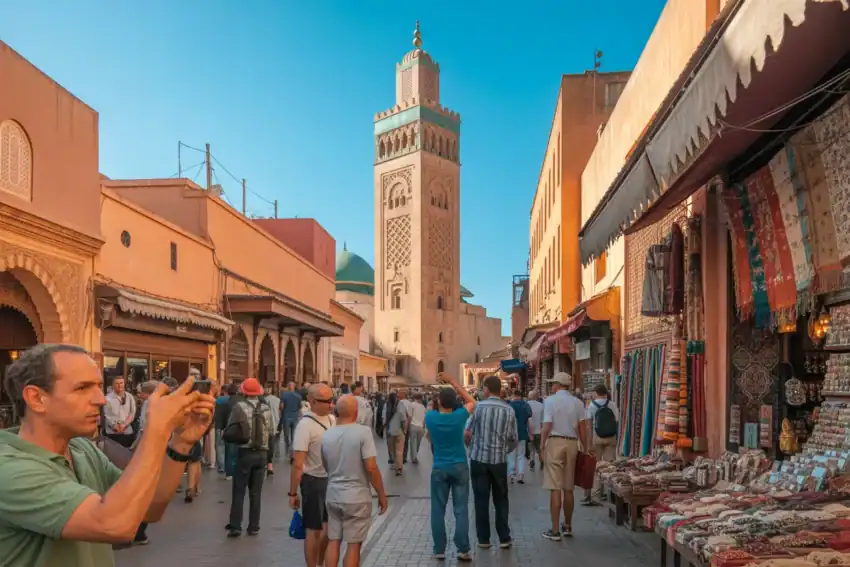 Vibrant market scene in marrakech, morocco with traditional crafts and bustling.