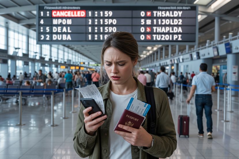 Travel company collapse impact - travel and tour world Frustrated traveler checking her passport and tickets at airport.