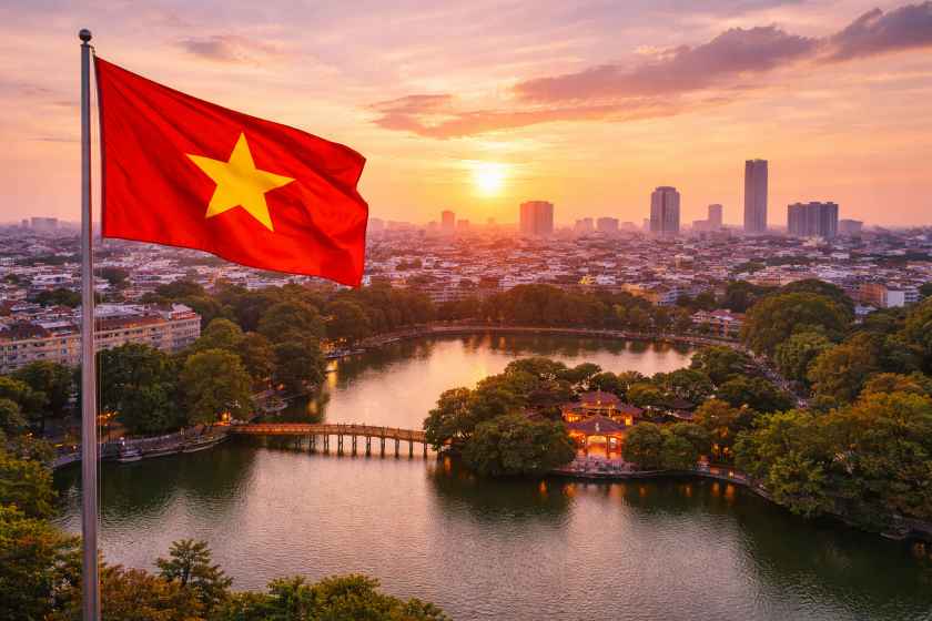 Vietnam flag with cityscape and sunset in the background - travel and tour world Vibrant street food scene in ho chi minh city at night.